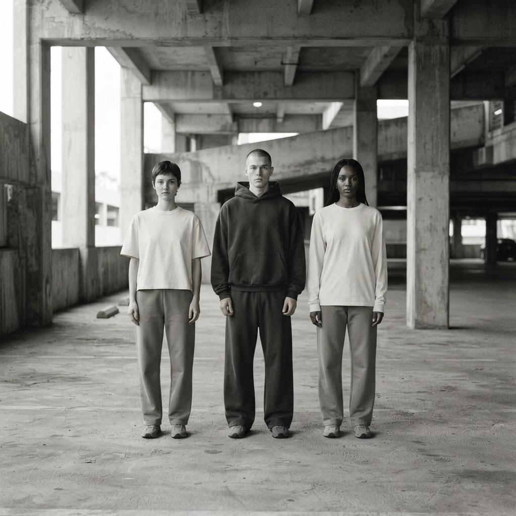 Three models wearing MIASIN garments in a Los Angeles parking structure